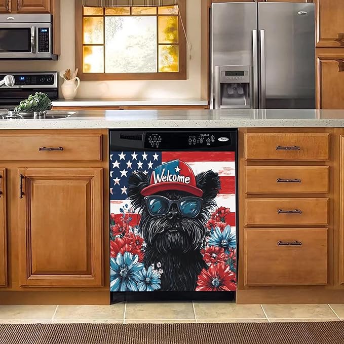 Black Patriotic Puppy Dishwasher Magnet Cover American Flag and Flowers Magnetic Dishwasher Cover Magnets Decorative Cover Refrigerator Appliances Panel Sheets 23" x 26" Magnetic