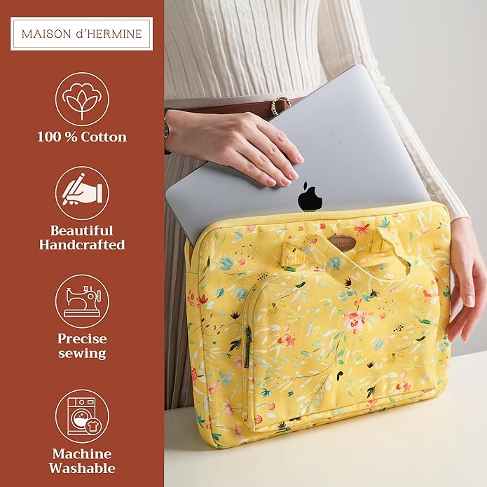 Maison d'Hermine Laptop Bag with Pocket Upto 15.5 inch Stain and Water Repellent Cotton Canvas Spring Summer (Colmar - Yellow)