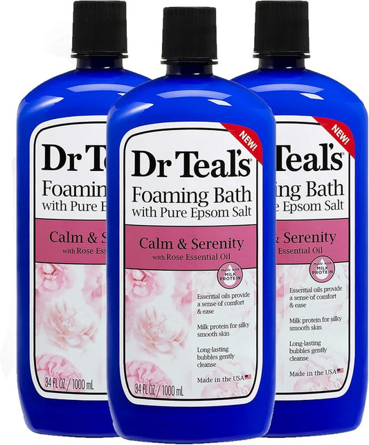 Dr. Teal's Epsom Salt Foaming Bath Gift Set - Stress Relief & Silky Skin | 3 Pack, 34 oz Each - Rose Essential Oils & Milk Protein