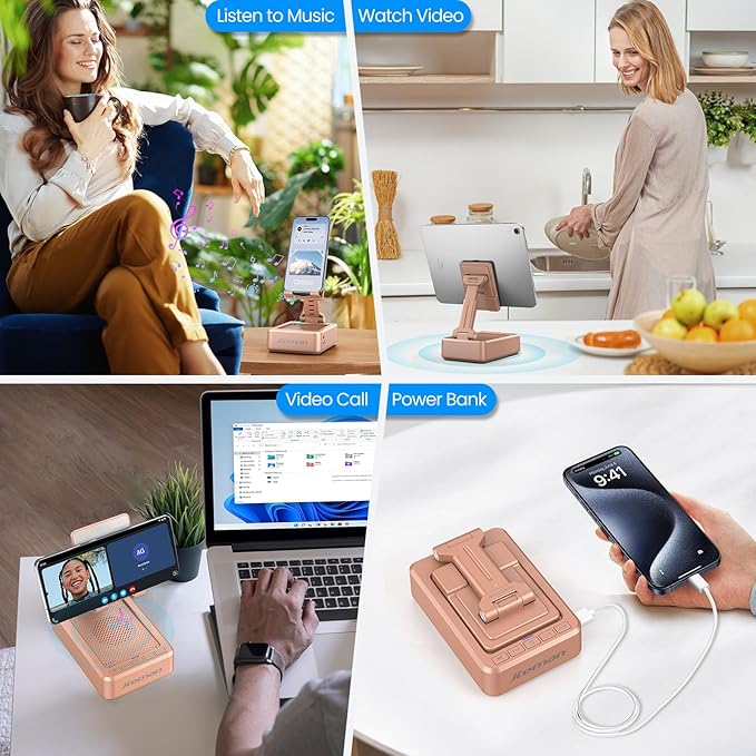 JTEMAN Cell Phone Stand with Bluetooth Speaker and Charging Function, HD Sound Adjustable Phone Holder, Birthday Gifts for Men Women, Cool Tech Kitchen Gadgets for All Phones,Tablet (Rose Gold)