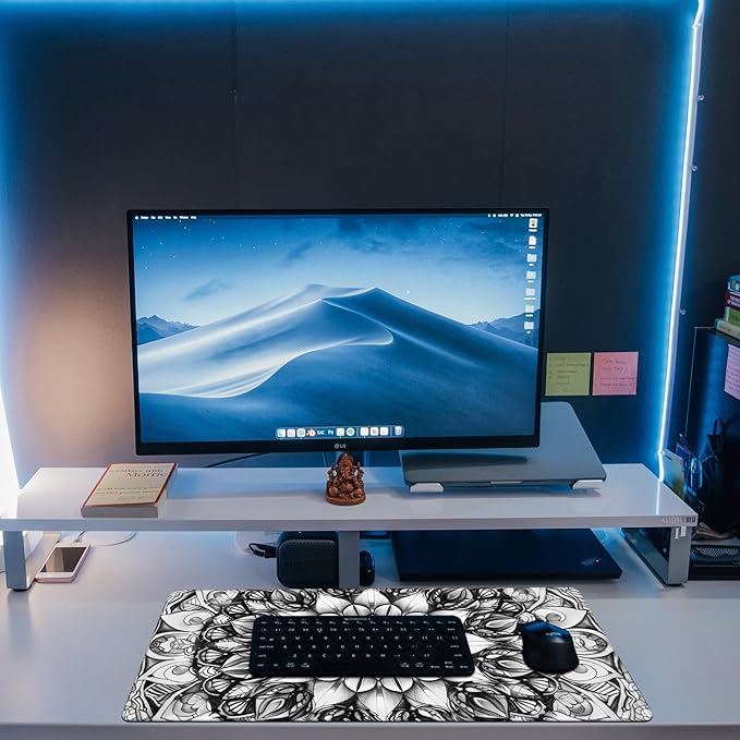 KOAIWPAE Large Gaming Mouse Pad for Desk, Black and White Mandala Desk Mat, Mandala Flower Desk Pad, 31.5"x15.7" Extended Big Computer Keyboard Mouse Pad with Non-Slip Base and Stitched Edge