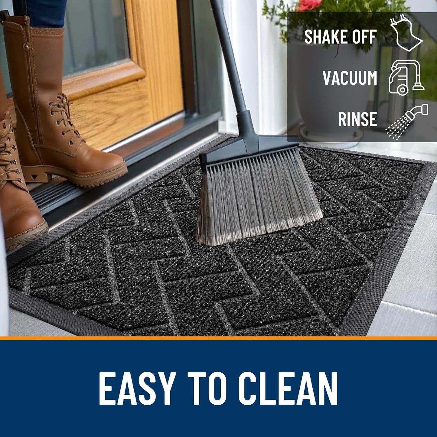 OLANLY Waterproof Front Door Mat - All-Season Indoor/Outdoor Herringbone Design | Easy Clean, Low Profile (Black, 47x32)