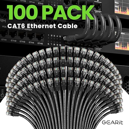 GEARit Cat 6 Patch Cables 1 ft Black (100 Pack) - Cat6 Patch Cables 1ft Black/Ethernet Patch Cable, 10Gbps 550MHz 24AWG Pure Copper, Snagless, Gold Plated RJ45 for Router, Server, Router, PC