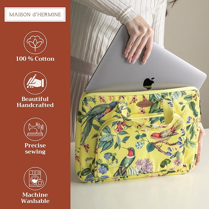 Maison d'Hermine Laptop Bag with Pocket Upto 13.5 inch Stain and Water Repellent Cotton Canvas Spring Summer (Eden - Yellow)