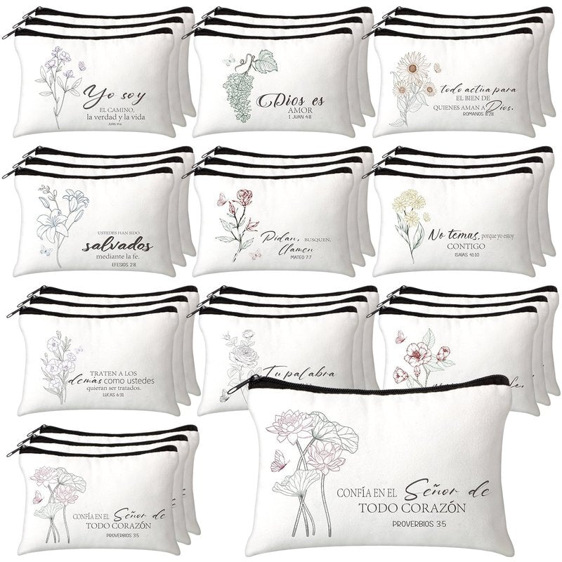 FuWeave 30 Pcs Mothers Day Gifts Spanish Christian Gift Bags for Women Bulk Religious Cosmetic Bag Inspirational Bible Verse Pencil Pouch Christian Makeup Bags with Zipper Church Gift for Travel