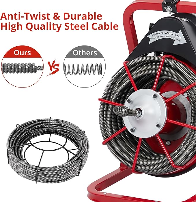 Drain Cleaner Machine 50FT x 3/8 Inch, Powerful Plumbing Auger with 4 Cutter Heads, Air-Activated Foot Switch, Gloves, Portable Sewer Snake for 1"-4" Pipes, Ideal for Bathroom and Kitchen Clogs