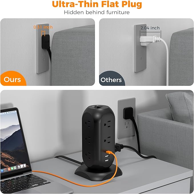 TESSAN Tower Power Strip Flat Plug with 11 Outlets 3 USB (1 USB C), Surge Protector Tower 1625W/13A,1050J Protection, 6 Feet Extension Cord with Multiple Outlets, Dorm, Office Desk Supplies, Black