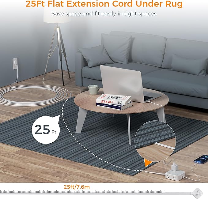 TESSAN Surge Protector Power Strip, 25 Ft Flat Plug Extension Cord with 3 USB (1 USB C 20W PD) 8 Outlets, 1250W, 900J Protection, 3 Sided Outlet Extender with Power Switch for Office, Dorm Room, Grey