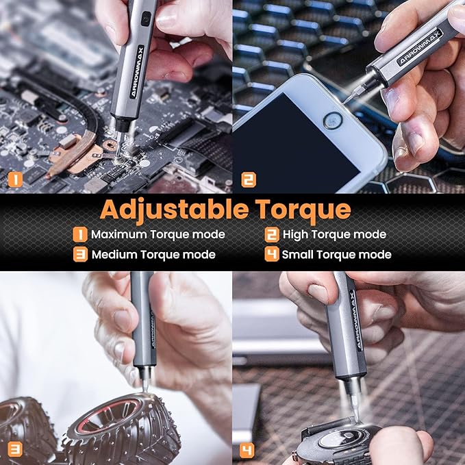 AM ARROWMAX Mini Electric Screwdriver, 4 Torque Settings Precision Screwdriver w/ 34 Magnetic Bits, Magnetic Storage, 5/32''Hex, Repair Tool Set for Phone Camera Laptop Watch (SES) Gray