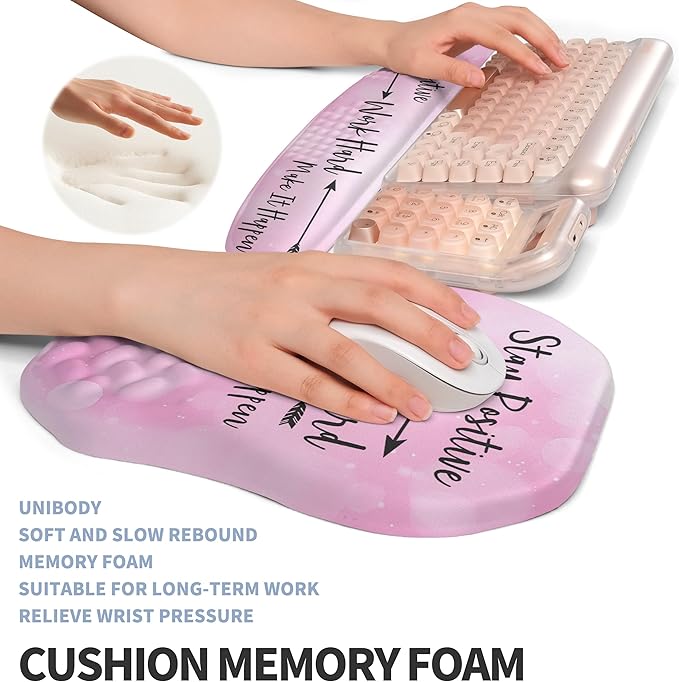 Gleamtide 2-in-1 Ergonomic Set, Wave Keyboard Wrist Rest and Massage Slope Mouse Pad Wrist Support, Rebound Memory Foam for Relieve Carpal Tunnel Syndrome and Wrist Pain (Stay Positive)
