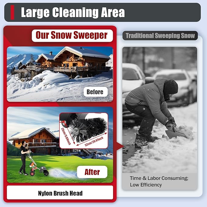 52CC Walk Behind Power Sweeper Broom, 2 Stroke 2.5HP Snow Sweeper with 20-Inch Brush, Single Cylinder Air Cooling Fuel Engine Snowplow Broom, Outdoor Lawn Sweeper Cleaner Tools