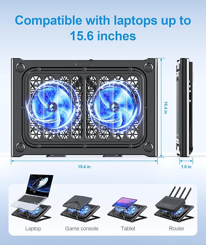 MOKURU Laptop Cooling Pad Stand, Laptop Cooler with 2 Silent Fans for 10-15.6 Inch Laptops,6 Levels of Height Adjustable Wind Speed with 2 USB Ports (Black)