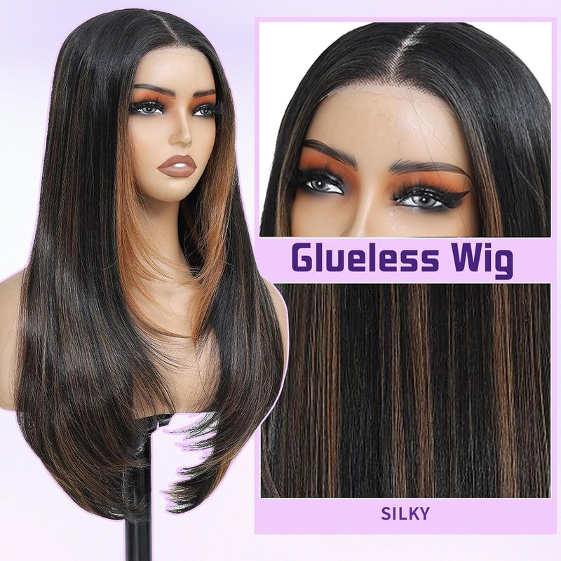 HD Synthetic Lace Front Wig for Black Women - 26-Inch Straight Layered Honey Blonde with Black Skunk Stripe