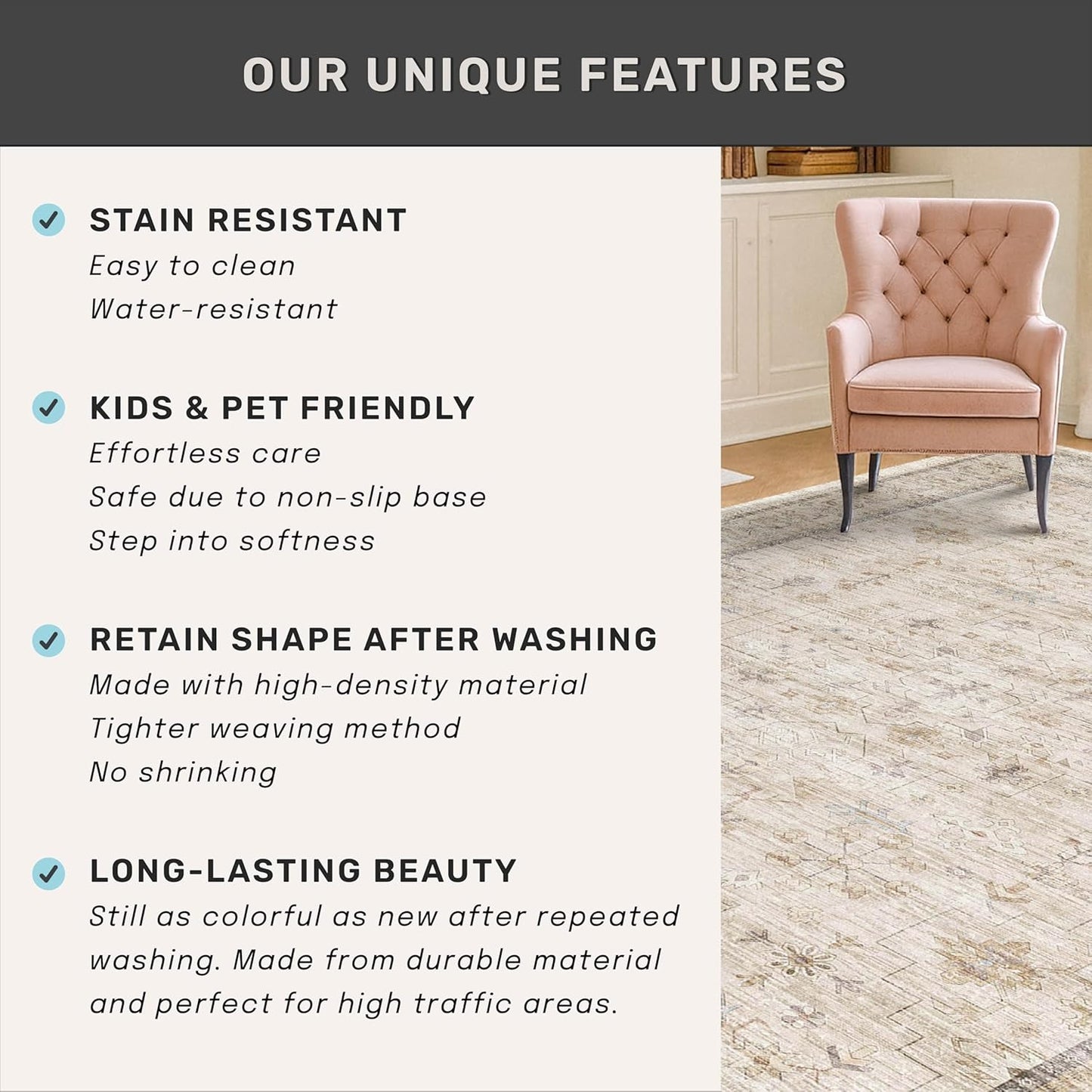 Regine Switzerland Washable 2x8 Runner Rug - Non-Slip, Stain Resistant Geometric Floral Design in Vintage Beige