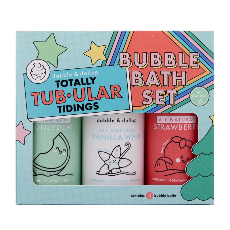 Totally Tub-ular Tidings Bubble Bath Set | 3-in-1 Mixable Bubble Bath, Body Wash & Shampoo - Strawberry, Honeydew & Vanilla