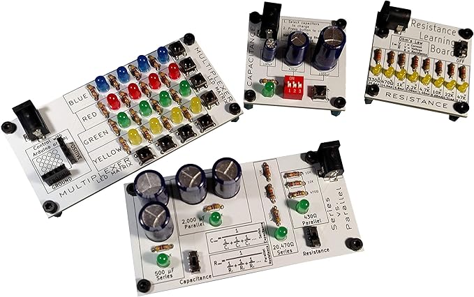 eLearnTronics Full Set of 4 Electronics Learning Boards | Practice Soldering & Learn Electronics | Multiplexer, Resistance, Capacitance, and Series vs. Parallel