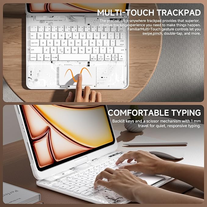 Transparent Case with Keyboard iPad Air 11 Inch (M4/M3/M2, 2026/2025/2024)/ iPad Air 5th/4th Generation 10.9" / iPad Pro 11" 1st/2nd/3rd/4th Trackpad, Pencil Holder, 7-Color Backlit, Rotatable, white
