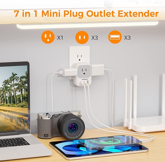 TESSAN USB C Charger Block 20W PD, Fast Charging Adapter with Foldable Plug, 1875W Power Outlet Extender(4 AC and 4 USB) for Cruise, Home, Office, Dorm Room Essentials, Grey