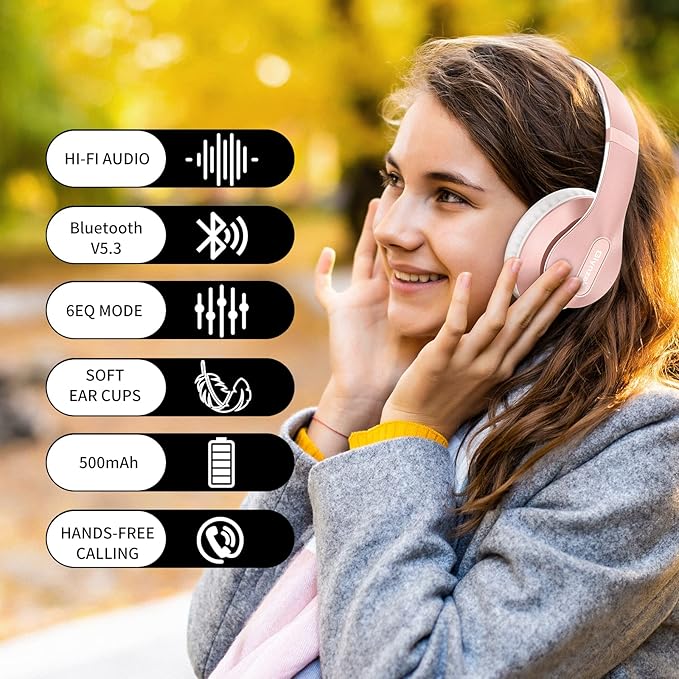 Glynzak Wireless Bluetooth Headphones Over Ear 65H Playtime HiFi Stereo Headset with Microphone and 6EQ Modes Foldable Bluetooth V6.0 Headphones for Travel Smartphone Computer Laptop Rose Gold