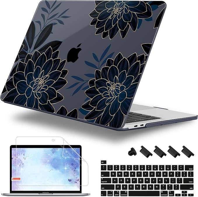 Lepeoac Case for MacBook Pro 13 inch Case M2 2022-2016 A2338 M1 A2251 A2289 A2159 A1989 A1708 A1706, Plastic Hard Shell + Keyboard Cover + Dust Plug, Flower Dahlia