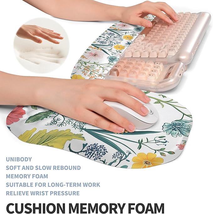 Gleamtide 2-in-1 Ergonomic Set, Wave Keyboard Wrist Rest and Massage Slope Mouse Pad Wrist Support, Rebound Memory Foam for Relieve Carpal Tunnel Syndrome and Wrist Pain (Pink Flowers)