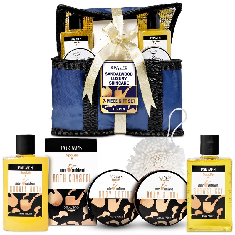 SpaLife Luxury Spa Skincare Sandalwood Gift Set for Men | Mens Body Wash Gifts | Mens Gift Set for Bath and Body | Gifts for Men | Cleansing, Moisturizing, Exfoliating | 7-Piece Bundle
