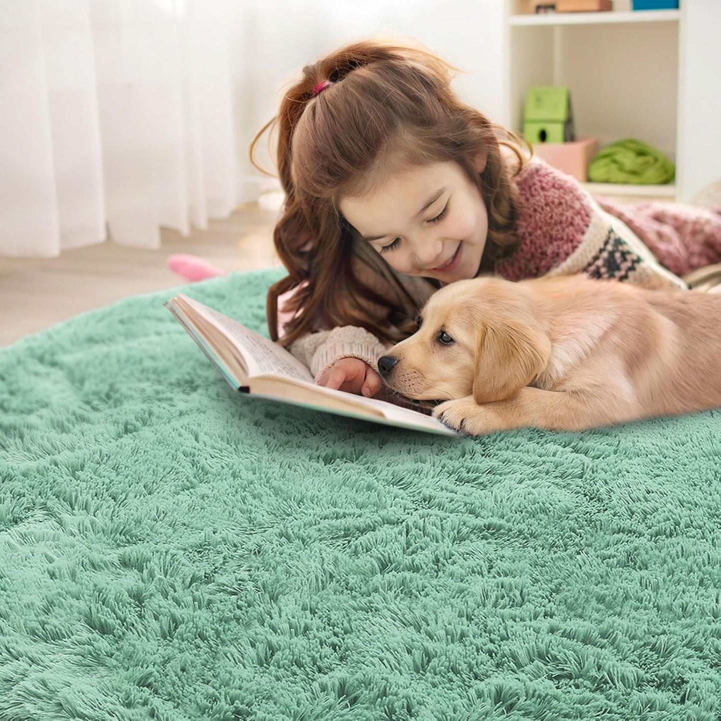 OLANLY Round Mint Green Area Rug - Soft & Fluffy 6 ft Machine Washable Carpet for Bedroom & Living Room Decor
