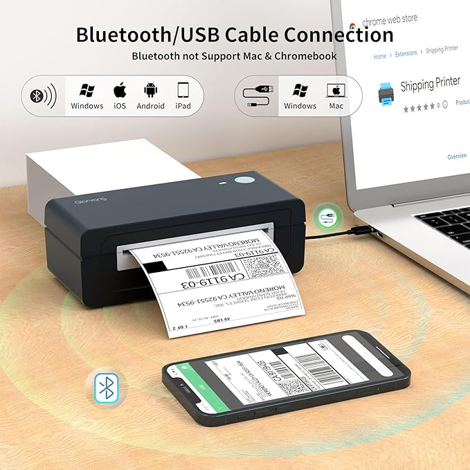 Gloryang Bluetooth Thermal Shipping Label Printer, 4X6 Inkless Label Machine for iOS, Android, Laptop, Wireless Printer for Small Business, Compatible with Amazon, UPS, Shopify, Black