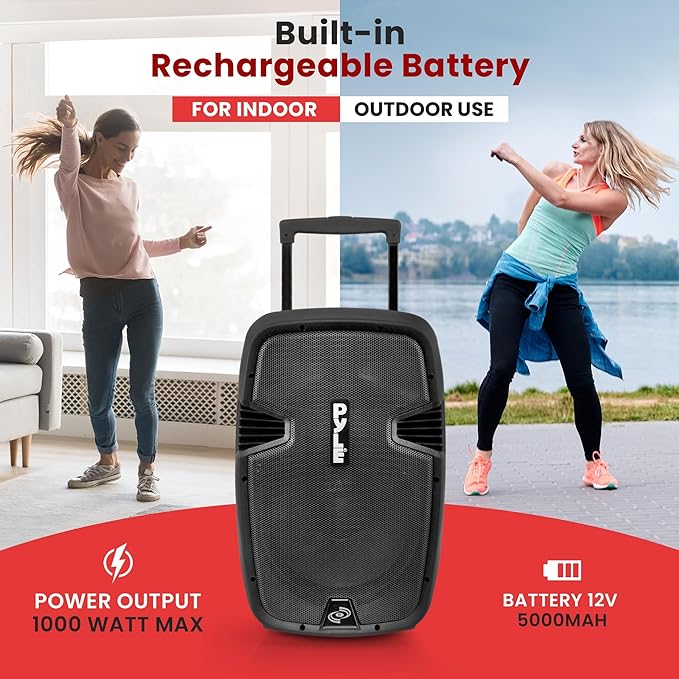 Pyle Portable Bluetooth PA Speaker System - 1000W Wireless Karaoke Loudspeaker with 12” Subwoofer, USB/SD/MP3/FM - Includes Dual UHF Mics, Remote, Rolling Wheels - Ideal for Parties, Events, Outdoors