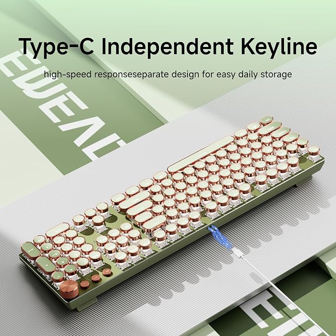 EWEADN Wired Typewriter Mechanical Keyboard, Low Noise Retro Punk Keyboard with Media Knob, White Backlit, Metal Panel, 104-Key Round Keycaps gaming Keyboard for Windows PC, Pink Switch, Green