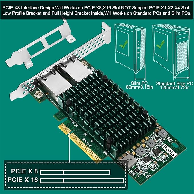 FebSmart PCIE X8 Interface to 2X 10Gbps RJ45 Ports Network Adapter, Intel X540-AT2 Ethernet Controller, 2X 10GbE RJ45 Interface PCIE NIC Card, PCI Express 10GbE Converged Network Adapter (X540T2)