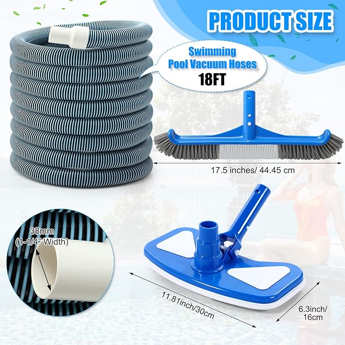Pool Vacuum Kit Swimming Pool Vacuum Head with 1-1/2" x 30 ft Hoses Flexible Head with Wheels and 14 '' Cleaning Brush for Inground Swimming Supplies (Classic)