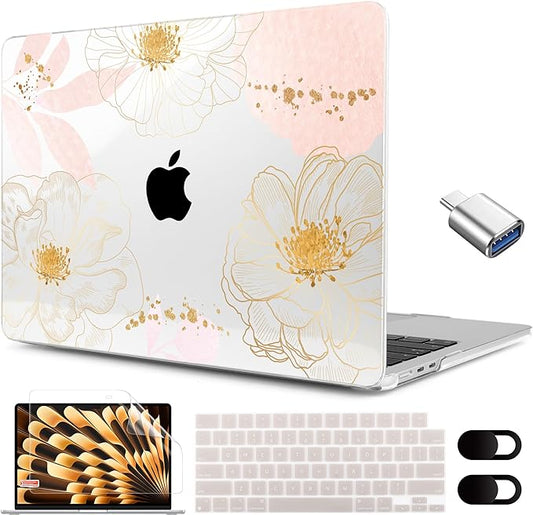 MEEgoodo for M5/M4/M3/M2 MacBook Air 15 inch Case 2026 2025 2024 2023, Case Fit Model (A3448/A3241/A3114/A2941) for MacBook Air 15.3 inch, Tropical Pink Flowers