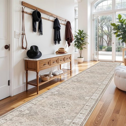 Hallway Washable Runner Rug - Vintage Non-Slip Soft Floor Mat for Entryway | 3x20 Beige