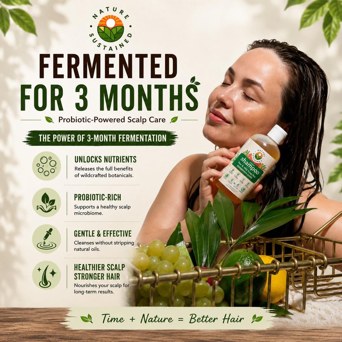 Nature Sustained Natural Shampoo - Organic, Raw & Wildcrafted with Probiotics, Hypoallergenic Natural & Sulfate Free Shampoo for Sensitive Scalp, Dry Hair, Dandruff, Eczema & Psoriasis, 9oz, Original