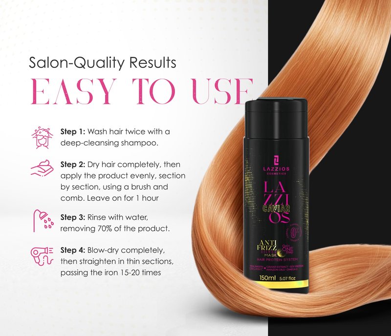 Lazzios Caviar Organic Hair Protein – Brazilian Professional Straightening & Smoothing Treatment – Formaldehyde-Free Formula with No Toxic Acids, Hyaluronic Acid, Keratin, Caviar & Argan Oil – 120 ml