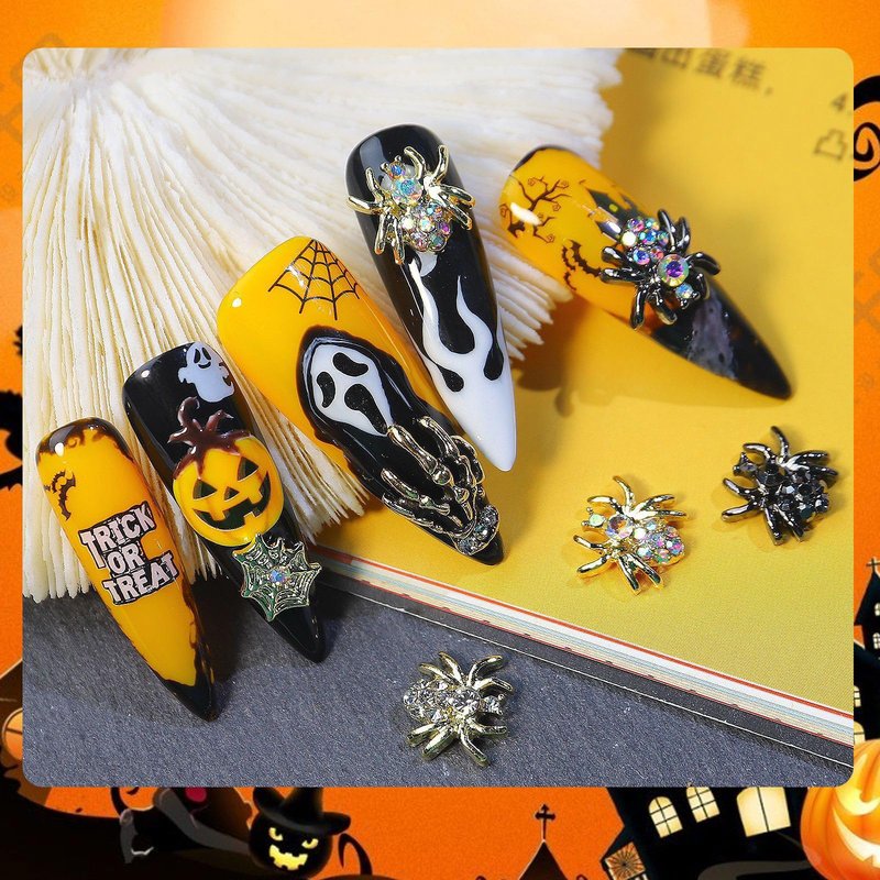 Halloween Nail Charms 3D Spider Hand Alloy Nail Art Supplies Black Gold Silver Charms Nail Jewelry for Women Halloween DIY Nail Art Decoration Accessories 36Pcs