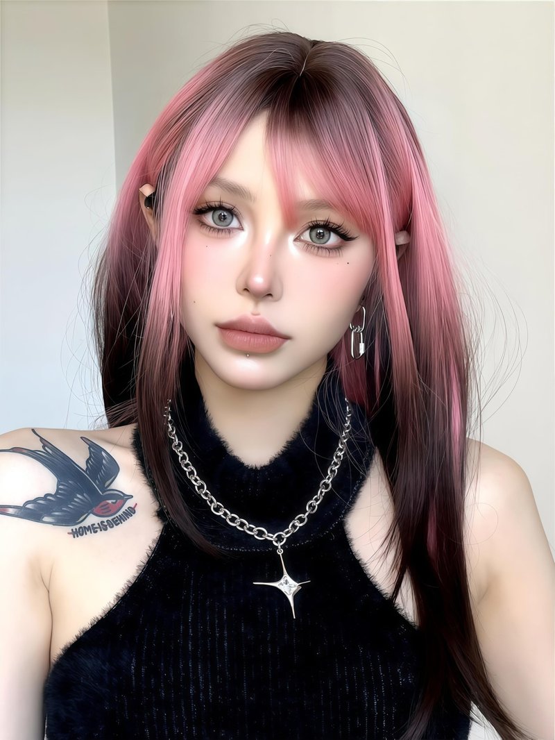 Aadesso Half-Pink Half-Black Long Straight Wig 65cm Blunt Bangs Daily Synthetic Hair for Women East Asian Fashion K-pop Style Two-Tone Heat Resistant wig cap (25.6 Inch)