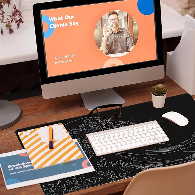 Eflxamz Desk Mat, Black Japanese Sea Wave Desk Pad, Extended Big Computer Keyboard Mouse Pad with Non-Slip Base and Stitched Edge, 35.4"x15.7"