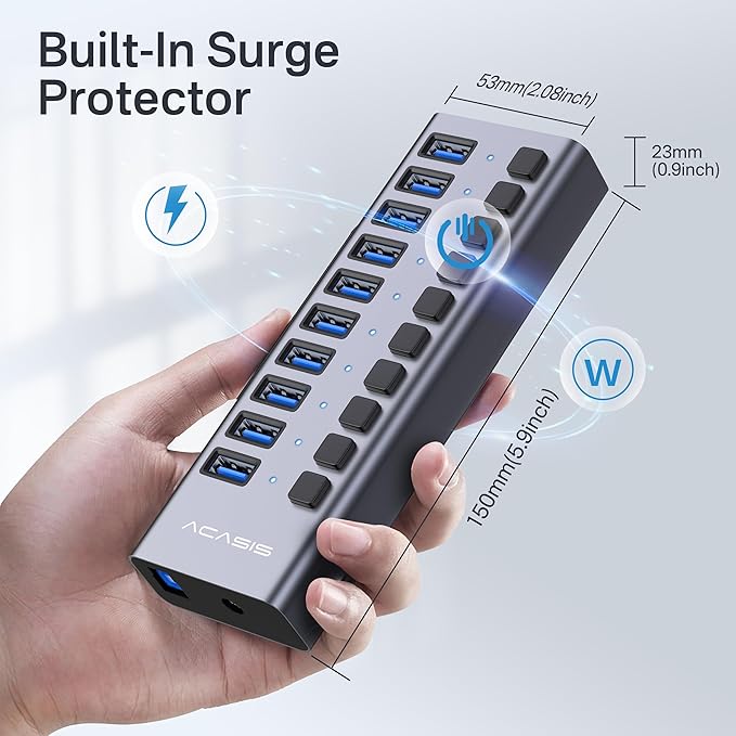 Powered USB 3.2 Hub, ACASIS 10 Ports USB 3.2 Hub with 10Gbps Data Speed, Aluminum Housing, USB Hub Powered with 48W Power Adapter, USB Hub for PC/Laptop, Computer, Flash Drive, Printer, Camera