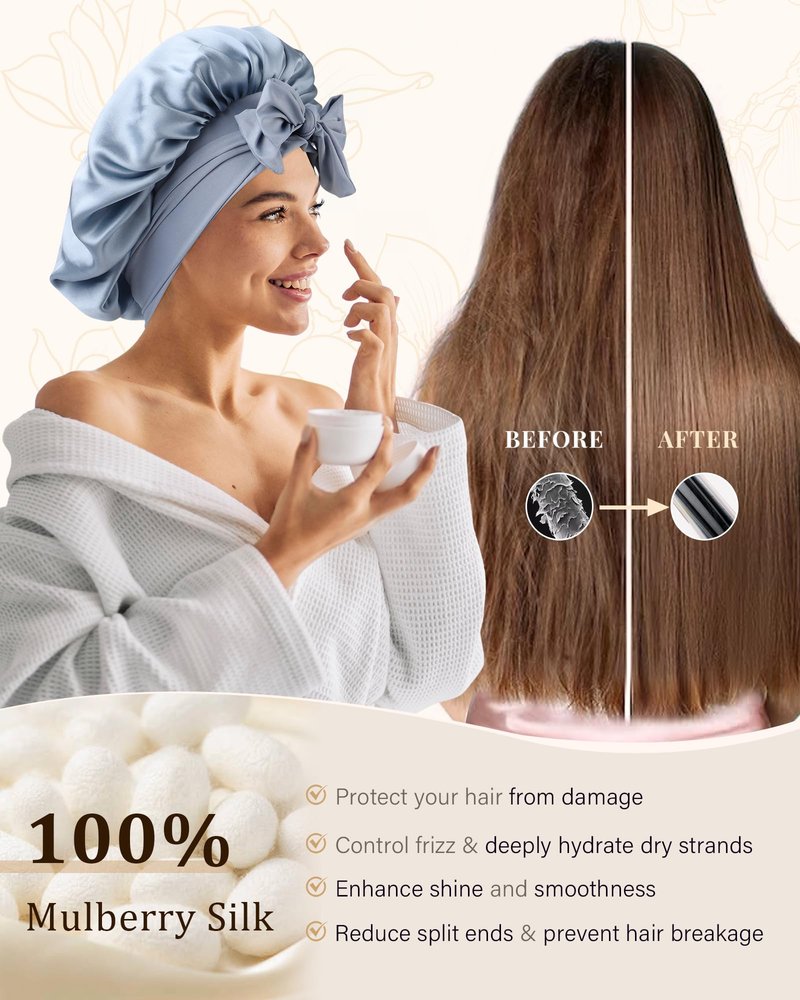 100% Mulberry Silk Bonnet for Women Hair Bonnet for Sleeping with Hair Scrunchy Elastic Tie Band Night Cap(Blue)