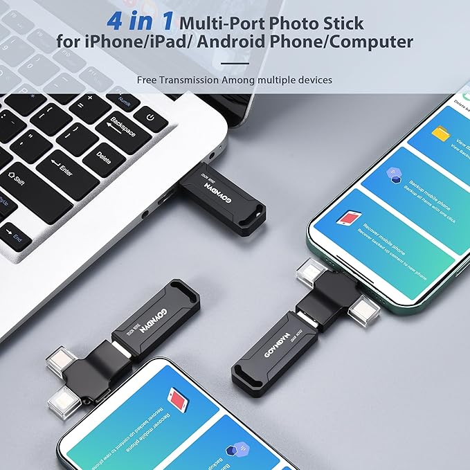 Auto Backup Photo Stick for iPhone, iPad, Android, PC, Tablets, 512GB Real Capacity iPhone USB Flash Drive & Backup Storage Memory Stick for Photos, Videos & Contacts, 4-in-1 Thumb Drive