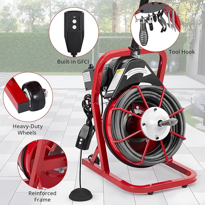 Drain Cleaner Machine 75FT x 1/2 Inch, Powerful Plumbing Auger with 4 Cutter Heads, Air-Activated Foot Switch, Gloves, Portable Sewer Snake for 1"-4" Pipes, Ideal for Bathroom and Kitchen Clogs