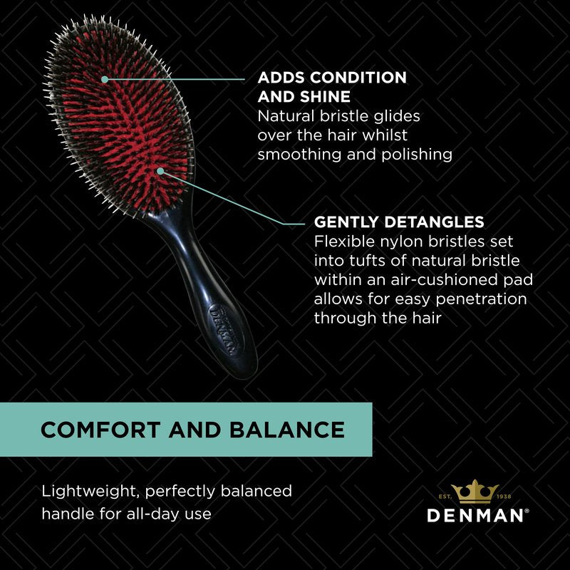 Denman Cushion Hair Brush (Large) with Soft Nylon Quill Boar Bristles - Porcupine Style for Grooming, Detangling, Straightening, Blowdrying and Refreshing Hair – Black, D81L