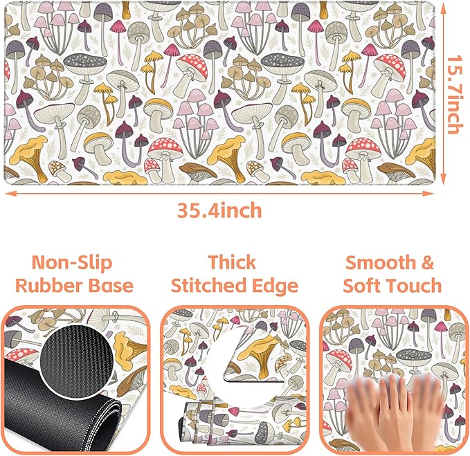 NIYLYNSYN Mouse Pad Large Colorful Mushrooms Non-Slip Gaming Desk Mat with Stitched Edge Laptop Keyboard Desk Pad for Work Home Gaming (35.4 x 15.7 Inches)