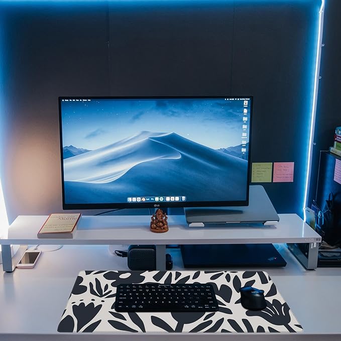 Eflxamz Desk Pad, Hand Drawn Leaves and Flowers Desk Mat, Abstract Plant Large Gaming Mouse Pad with Non-Slip Base and Stitched Edge, 31.5"x11.8"