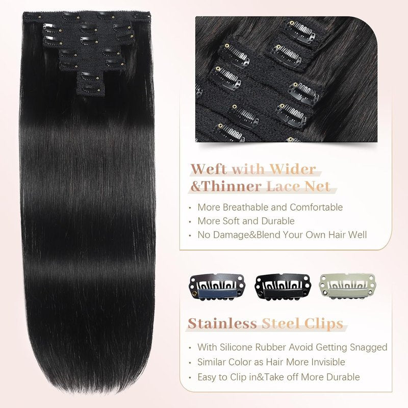 Real Human Hair Clip-In Extensions - 18 Inch, 70g Natural Straight for Black Women | 7 Pieces with 16 Clips