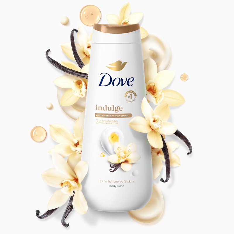 Dove 24hr Lotion Body Wash Indulge Warm Vanilla & Sweet Cream, 20 oz | Moisturizing body wash with MicroMoisture for silky-soft skin