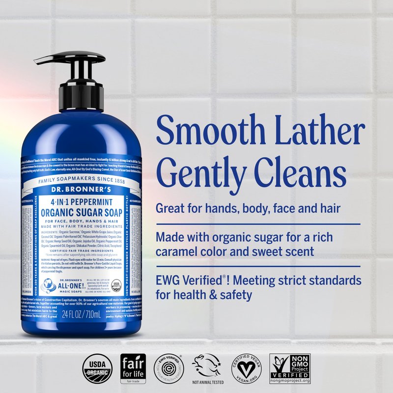 Dr. Bronner's - Organic Sugar Soap (Peppermint, 12 oz) - Made with Organic Oils, Sugar & Shikakai Powder, 4-in-1 Uses: Hands, Body, Face & Hair, Cleanses, Moisturizes & Nourishes, Vegan, Non-GMO