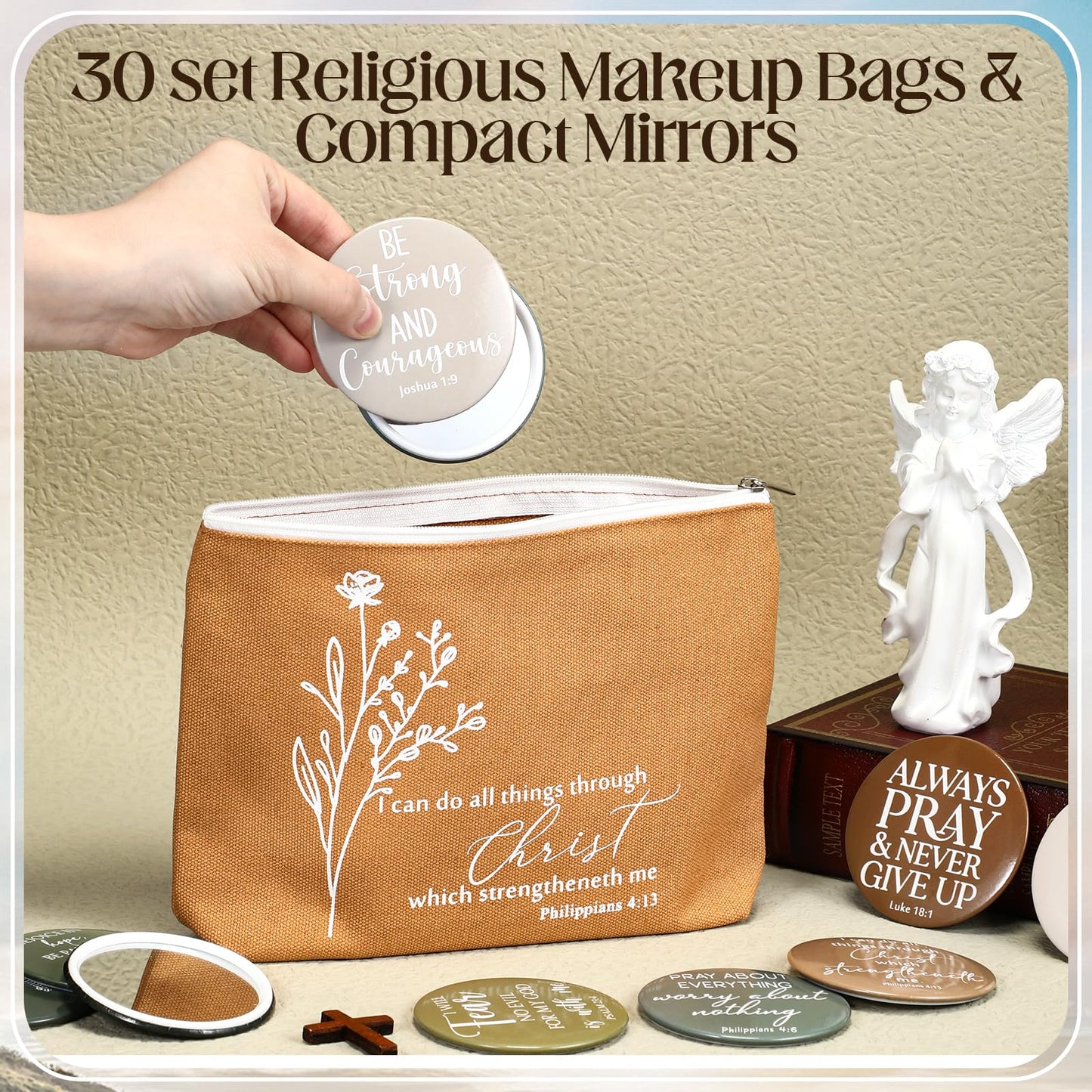 Reginary 30 Set Christian Gifts for Women Bulk 30 Religious Canvas Makeup Bags 30 Bible Verse Compact Mirrors Church Inspirational Appreciation Gifts for Mom Clergy(Neutral Colors,Aesthetic Style)